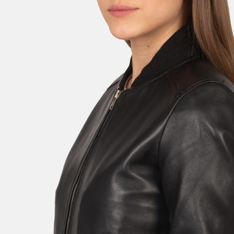 Womens Bliss Black Leather Bomber Jacket Close-Up-9-1659378674599